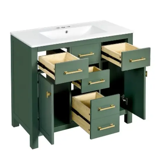 36" Freestanding Bathroom Vanity With Ceramic Sink, 2 Cabinets and 4 Drawers, Green 4W - ModernLuxe image {8}