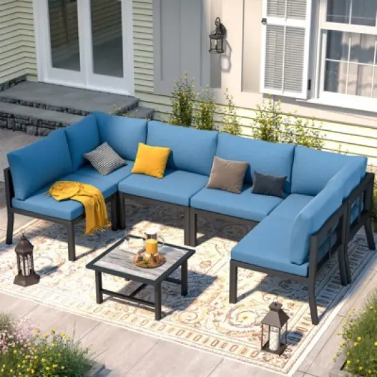 Cesicia 7-Piece Gray Patio Sofa Set with Coffee Table for Backyard, Porch & Poolside image {3}