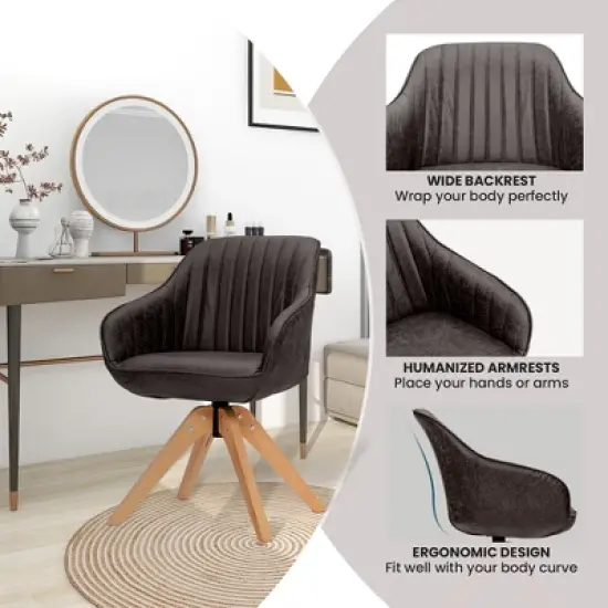 Costway 360degreesSwivel Accent Chair Modern Leathaire Armchair with Beech Wood Legs Brown image {8}