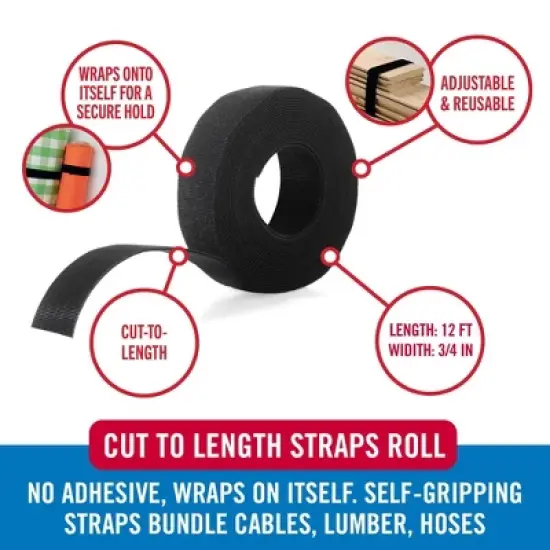 VELCRO 12'x3/4'' One-Wrap Heavy Duty Roll for Organization Cut-to-Length Black image {2}