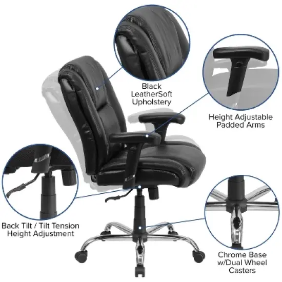 Flash Furniture HERCULES Series Big & Tall 400 lb. Rated Black LeatherSoft Ergonomic Task Office Chair with Chrome Base and Adjustable Arms image {2}
