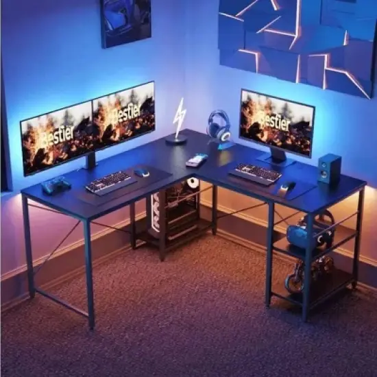 Bestier 59''L Shaped Gaming Desk with 4 Tier Adjustable Shelves,Reversible Corner Computer Desk,95"double desk for 2 person Home Office image {11}