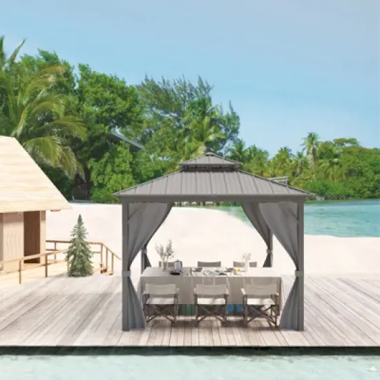 12x12FT Hardtop Gazebo, Aluminum Frame w/ Double Galvanized Steel Roof, Outdoor Metal Pavilion w/ Netting Curtains for Patio, Garden, Lawn, Backyard image {7}