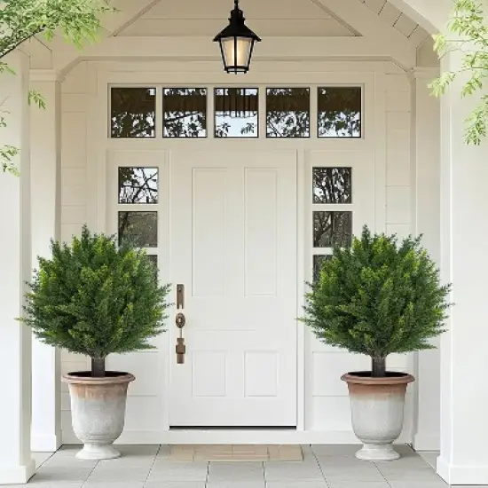 Set of 2 Artificial Cedar Topiary Trees 24" - UV Resistant Faux Cypress Shrubs w/ Ground Spikes for Porch & Garden Decor image {5}