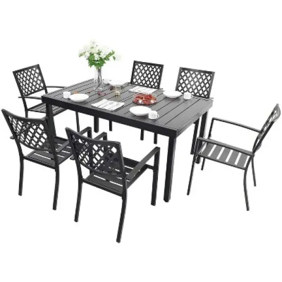 7PC Metal Patio Dining Set with Rectangular Expandable Table & 6 Chairs - Captiva Designs image {1}