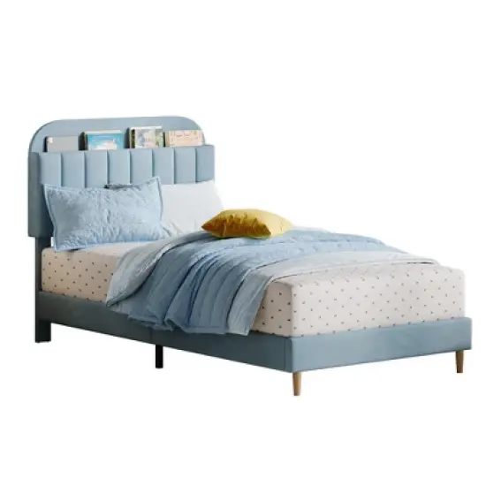 Twin Bed Frame with Bookcase Headboard, Velvet Upholstered Platform - Wooden Slat Support, Noise-Free, No Box Spring Needed, Easy Assembly image {6}