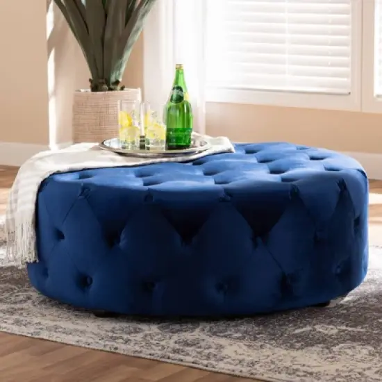 Cardiff Velvet Fabric Upholstered Button Tufted Cocktail Ottoman Blue - Baxton Studio image {3}
