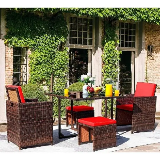 5pc Outdoor Wicker Conversation Set with Rattan Chairs & Ottomans & Tempered Glass Tables - Devoko
 image {7}