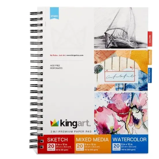 KINGART Sketch, Mixed Media & Watercolor Paper 3-in-1 9x12 60 Sheets image {3}