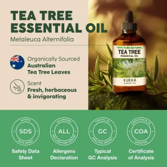 Tea Tree Essential Oil (4 fl oz/118 ml) - KUKKA Tea Tree Oil for Skin, Hair, Toenails, Aromatherapy, & Soap Making Scent image {4}