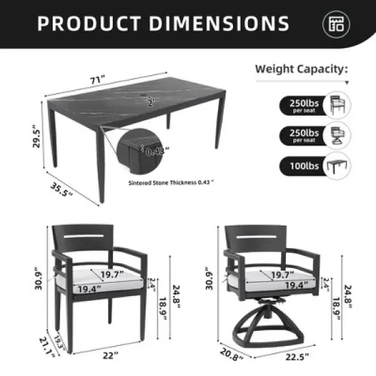 Christopher Knight Home Larry Outdoor 7 Piece Aluminum and Sintered Stone Dining Set with Removable Sunbrella Cushions image {2}
