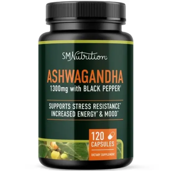 Ashwagandha Supplement, High Absorption Adaptogen from Root Powder with Black Pepper for Stress Resistance & Energy Boost, SMNutrition, 120ct image {8}