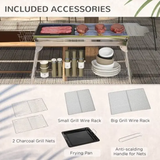 WELLFOR Stainless Steel Portable Charcoal Grill with Rack and Shelves 781093906638 Silver image {8}