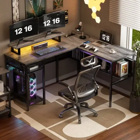 Aheaplus 55.5'' Reversible L-shaped Desk with Power Outlets and RGB LED Lights, Computer Table with CPU Stand and Monitor Stand image {11}