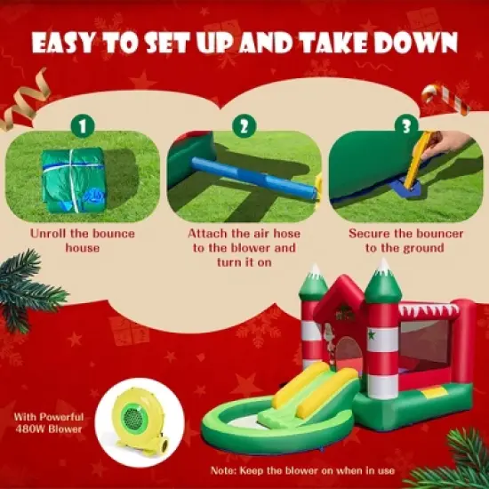Costway Inflatable Bounce House w/ Blower Kids Christmas w/ Slide & Trampoline & Ball Pool image {8}