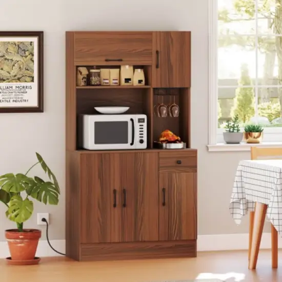 Costway 66" Pantry Cabinet Tall Kitchen Storage Cabinet with Charging Station Brown image {4}