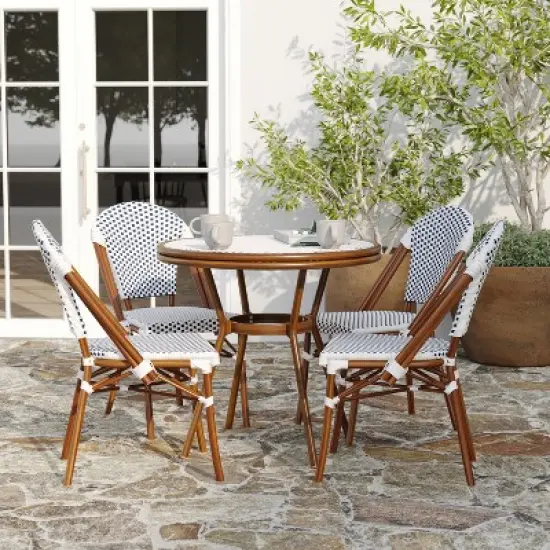 Merrick Lane Mael Bistro Style Table with Glass Top, Textilene, 4 Stack Chairs, and Bamboo Finished Metal Frame for Indoor/Outdoor Use image {2}