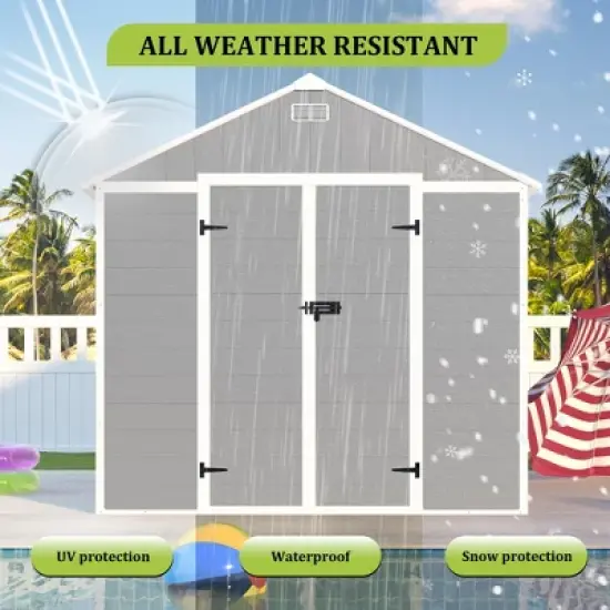 8*8ft resin storage shed, high quality pp material, strong structure, waterproof, rust and UV proof, large storage space, HD window lighting image {3}