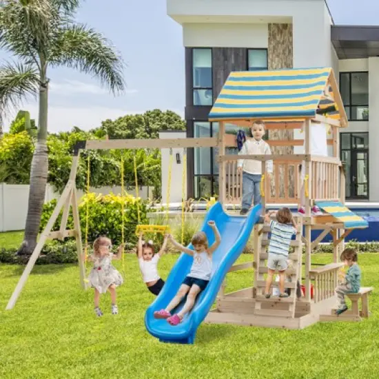 Costway Backyard Wooden Swing Set Slide Playset for Kids Outdoor Climbing Wall Sandpit image {1}