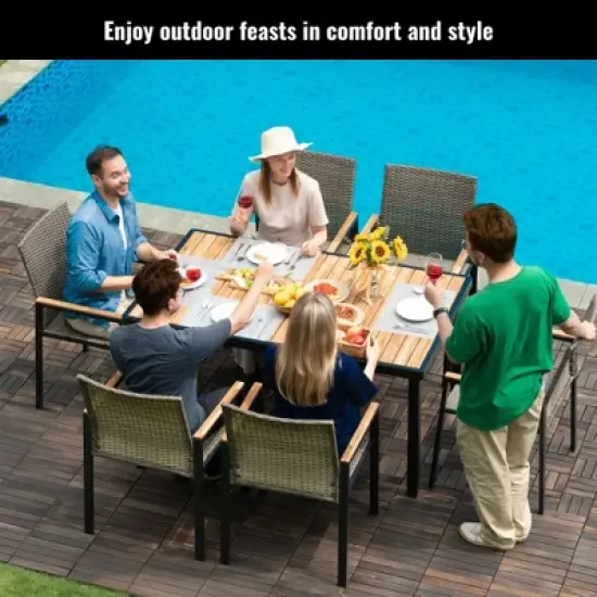 FIONECA All-Weather 7-Piece Patio Dining Set with Acacia Wood Table Top & Umbrella Hole, Brown Gray Rattan Outdoor Conversation Set image {4}