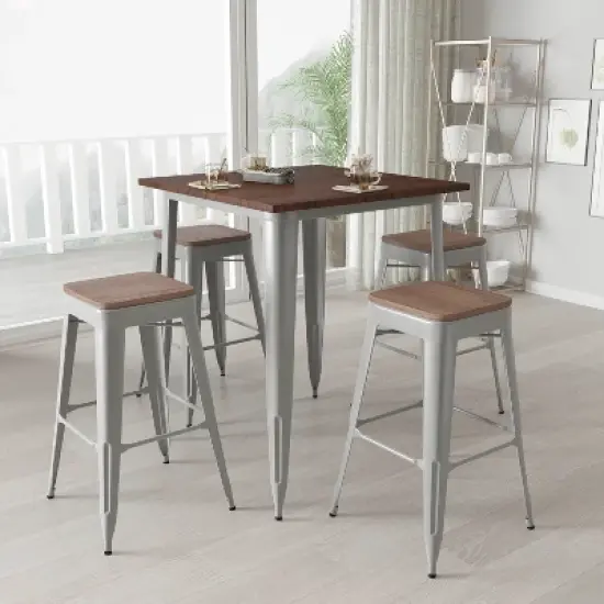 Merrick Lane 5 Piece Bar Table and Stools Set with 31.5" Square Silver Metal Table with Wood Top and 4 Matching Bar Stools image {1}