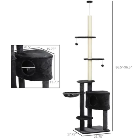 MaseiKar Adjustable Height Floor-To-Ceiling Vertical Cat Tree with Carpet Platforms, Condo & Rope Scratching Areas, Dark Grey image {5}