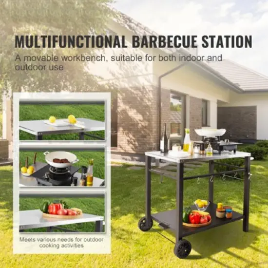 VEVOR Outdoor Grill Dining Cart with Double-Shelf, BBQ Movable Food Prep Table, Multifunctional Stainless Steel Table Top, Portable Modular Carts image {2}