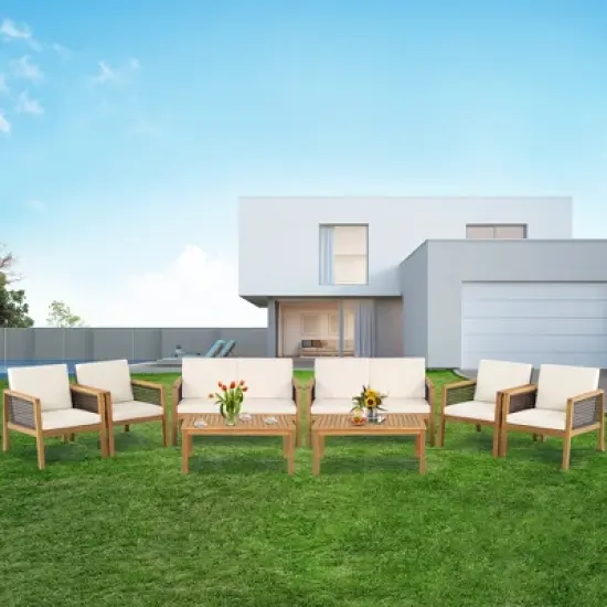 Tangkula 8PCS Patio Acacia Wood Furniture Set PE Rattan Conversation Set w/ Off White Cushions image {1}