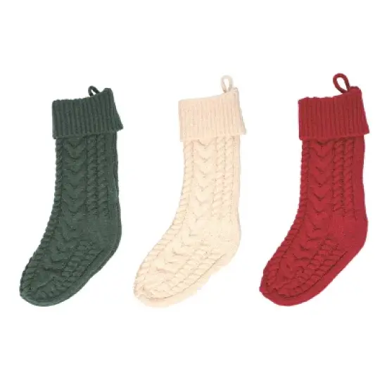 Transpac Set of 3 Fabric Cable Knit Christmas Stockings Multicolor Polyester Holiday Decor for Mantel Indoor Use image {1}