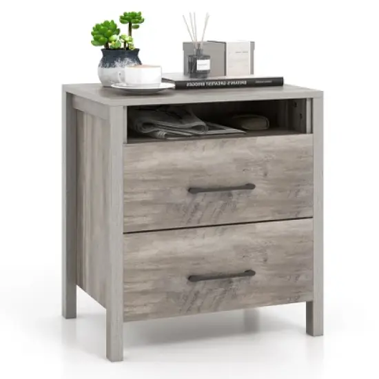 Tangkula 2 PCS Nightstand w/ 2 Drawers Farmhouse Bed Side Table w/ Open Storage Shelf image {9}