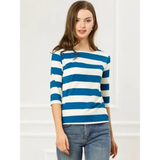 Allegra K Women's Elbow Sleeves Casual Basic Boat Neck Slim Fit T-Shirts image {1}