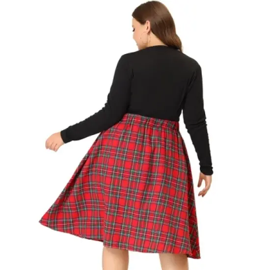 Agnes Orinda Women's Plus Size Velvet Plaid A-Line Elastic Waist Flare Skirts image {3}