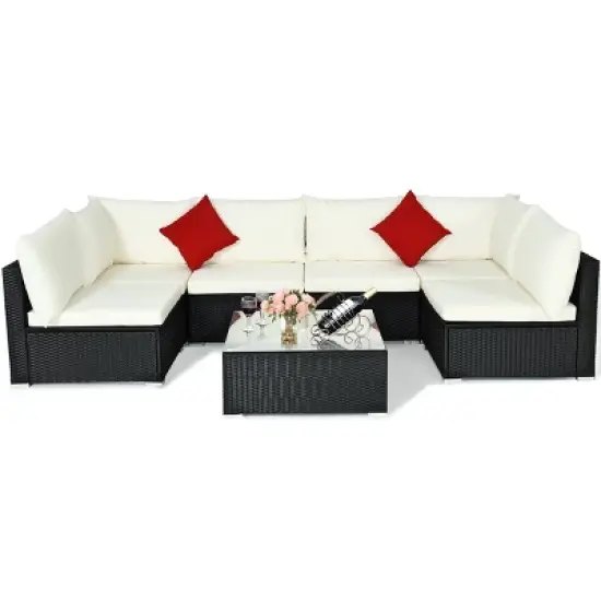 Costway 7PCS Patio Rattan Furniture Set Sectional Sofa Cushioned Glass Table Steel Frame image {9}