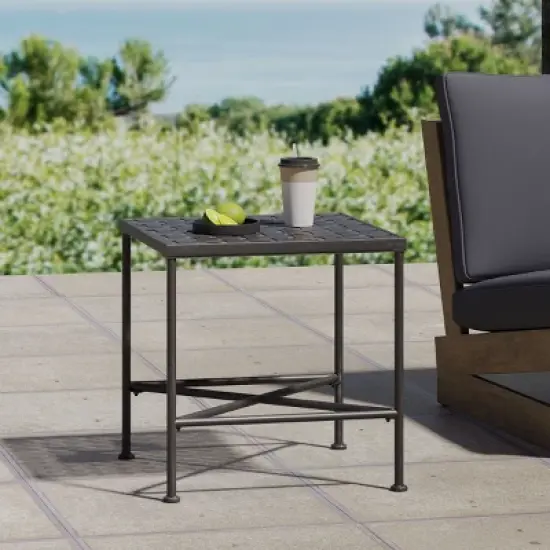 18'' Black Iron Outdoor Side Table with Grid Top and Cross-Leg Base,Weather-Resistant Patio Accent Table-Cuddlewood image {2}