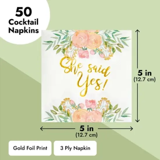 Sparkle and Bash 50 Pack Gold Foil She Said Yes Napkins for Engagement Party Supplies, Bridal Shower Decorations, 3-Ply, White, 5 x 5 In image {3}
