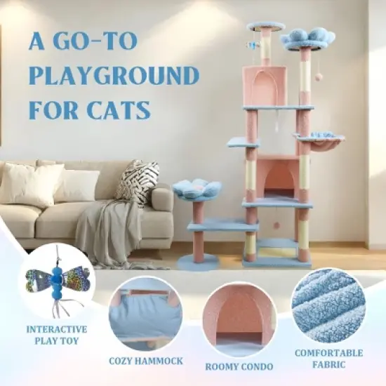 YOOCOZZ 71 inch flower cat tree with large condo removable flower cushion and hammock image {2}