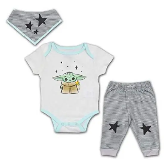 Star Wars Boy's 2-Piece Baby Yoda Stars Short Sleeve Baby Bodysuit Creeper, Bandana Bib and Striped Jogger Pants Set for infant image {4}