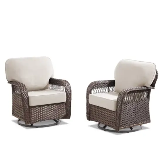 Buenhomino Outdoor Patio Wicker Swivel Rocking Chairs Set of 2, Beige Cushions image {10}