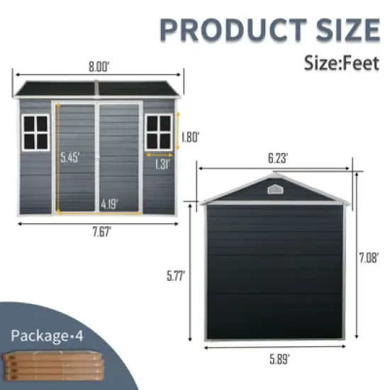 8 x 6 ft Resin Outdoor Storage Shed Waterproof Shed with Floor & Two Windows & Lockable Door, Tool Shed for Garden, Patio, Backyard,Gray image {3}