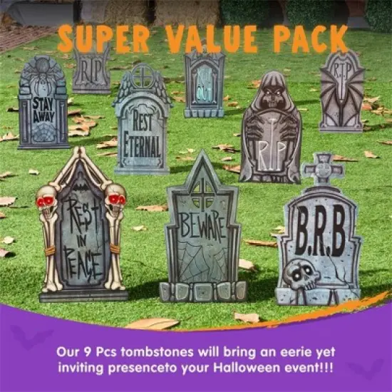 Joyfy 9 Pcs 16" Halloween Tombstones Outdoor Cemetery Decor, Yard Lawn Graveyard Plastic Headstones with 18 Metal Stakes for  Party Prop Supplies image {6}