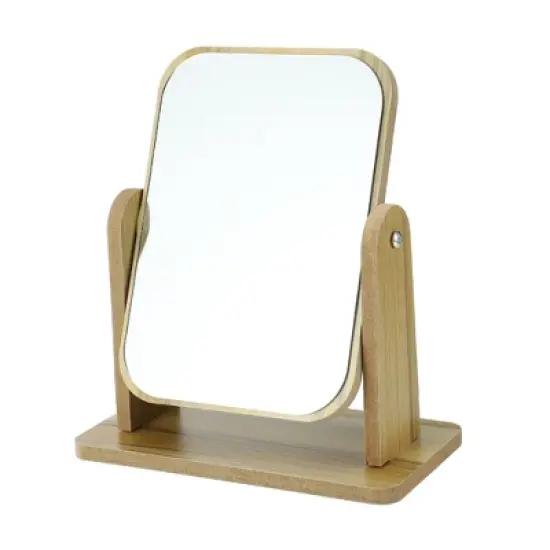Unique Bargains Natural Wooden Rotating Makeup Mirror Beige 1 Pc image {6}