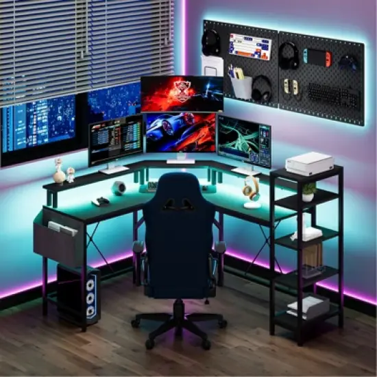 61" L Shaped Gaming Desk, with Monitor Stand, L-Shaped Corner Computer Desks, Built-in LED Lights and Side Storage Pockets, for Small Spaces image {1}
