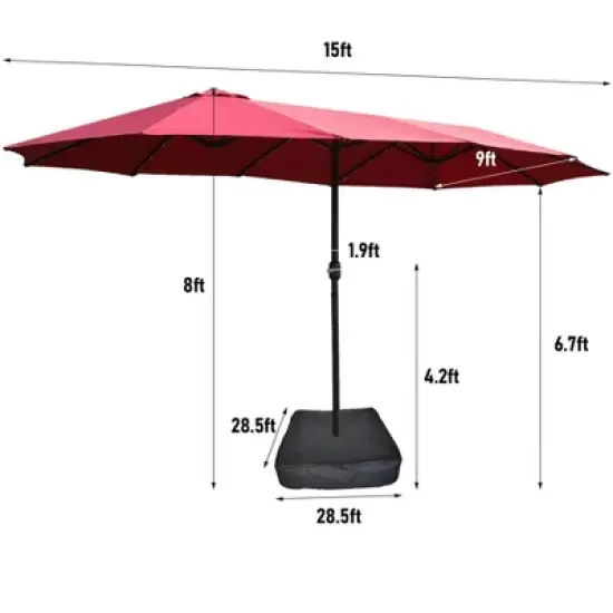 Gulches 15*9ft Large Double,Sided Rectangular Outdoor Twin Patio Market Umbrella with light and base,red image {6}