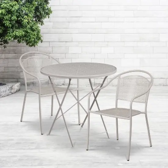 Emma and Oliver Commercial Grade 30" Round Metal Folding Patio Table Set w/ 2 Round Back Chairs image {1}