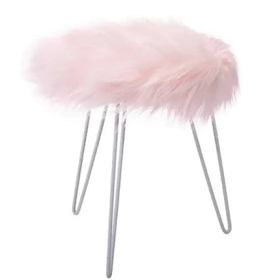 BirdRock Home Round Faux Fur Foot Stool Ottoman - Pink with White Legs image {1}