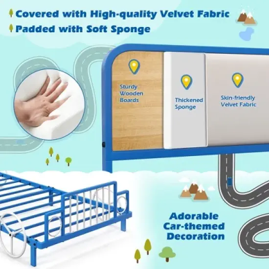 Tangkula Twin Size Kids Bed Frame Car Shaped Metal Platform Bed w/ Upholstered Headboard image {5}