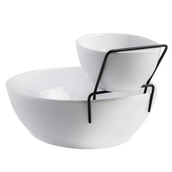Gibson Gracious Dining 3 Piece 2 Tier Fine Ceramic Chip and Dip Serving Set in White image {3}