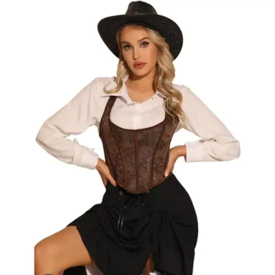 Allegra K Women's Halter Corset Vintage Paisley Lace Up Backless Boned Bustier Crop Tops image {4}