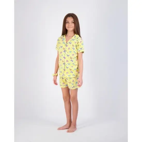 Sleep On It 2-Piece Girl's Pajama Shorts Set Featuring Multicolored Butterflies with Matching Scrunchie - Yellow Girls Sleepwear Set image {8}