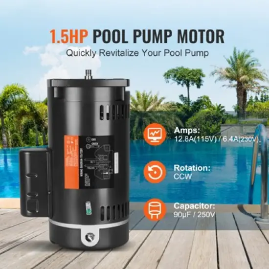 VEVOR 1.5 HP Pool Pump Motor, 56Y Frame, 115V((12.8 Amps))/230V(6.4 Amps) 3450 RPM, 60Hz, 1.1 Service Factor, 90&mu;F/250V Capacitor, image {2}